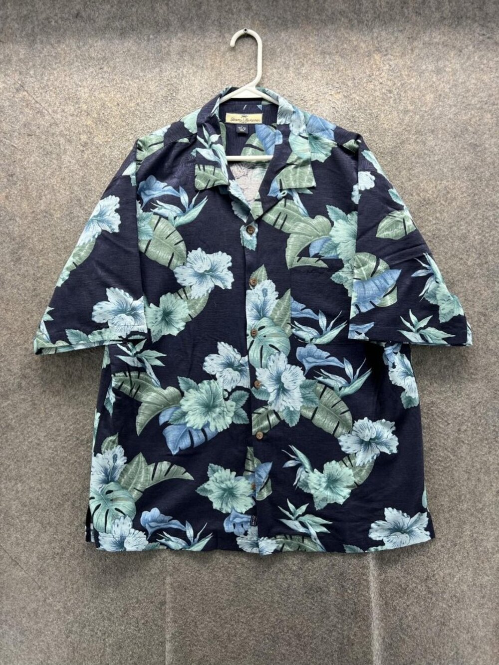 Tommy Bahama Shirt Men Large Blue Floral Hawaiian Silk Short Sleeve Casual